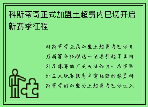 科斯蒂奇正式加盟土超费内巴切开启新赛季征程
